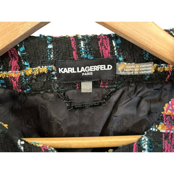 Karl Lagerfeld Paris Tweed Black Tweed Raw Hem Open Front Jacket Size 10 Work - Picture 3 of 6